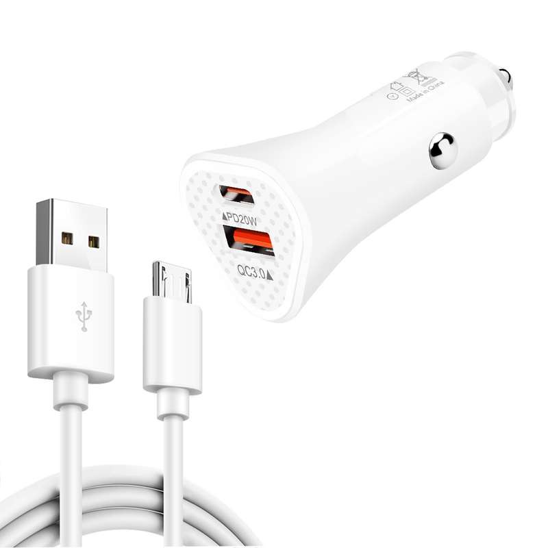TE-P23 38W PD 20W USB-C / Type-C + QC3. 0 USB Triangle Car Charger + USB to Micro USB Data Cable, Le