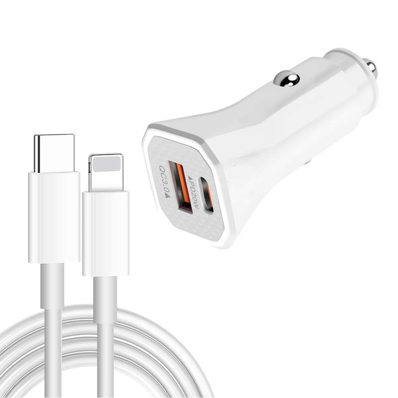 TE-P22 38W PD USB-C / Type-C + QC3. 0 USB Car Charger with 1m USB-C / Type-C to 8 Pin Data Cable(Whi