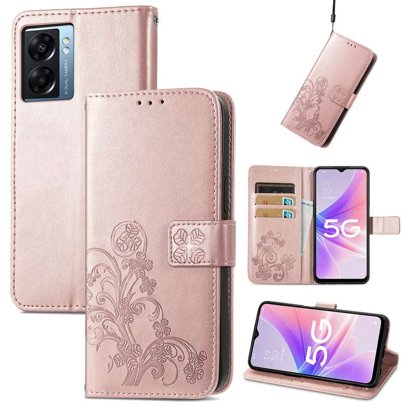 For OPPO A57 5G Four-leaf Clasp Embossed Buckle Leather Phone Case(Rose Red)