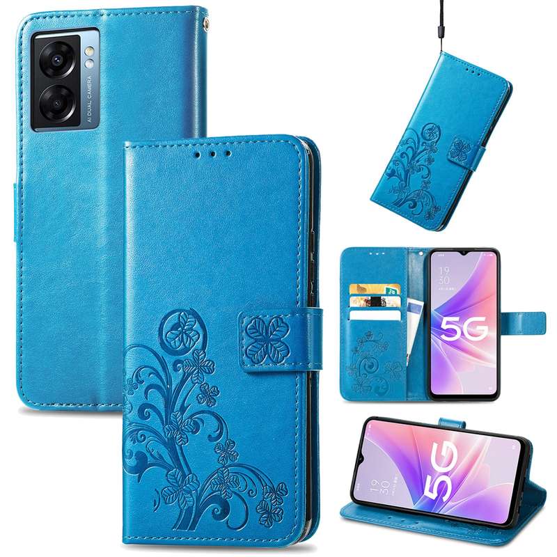 For OPPO A57 5G Four-leaf Clasp Embossed Buckle Leather Phone Case(Rose Red)