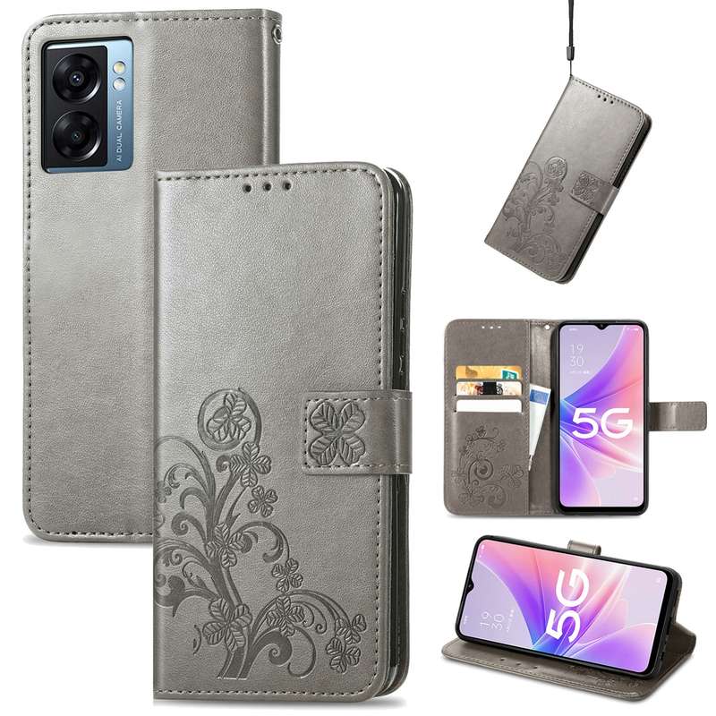 For OPPO A57 5G Four-leaf Clasp Embossed Buckle Leather Phone Case(Rose Red)