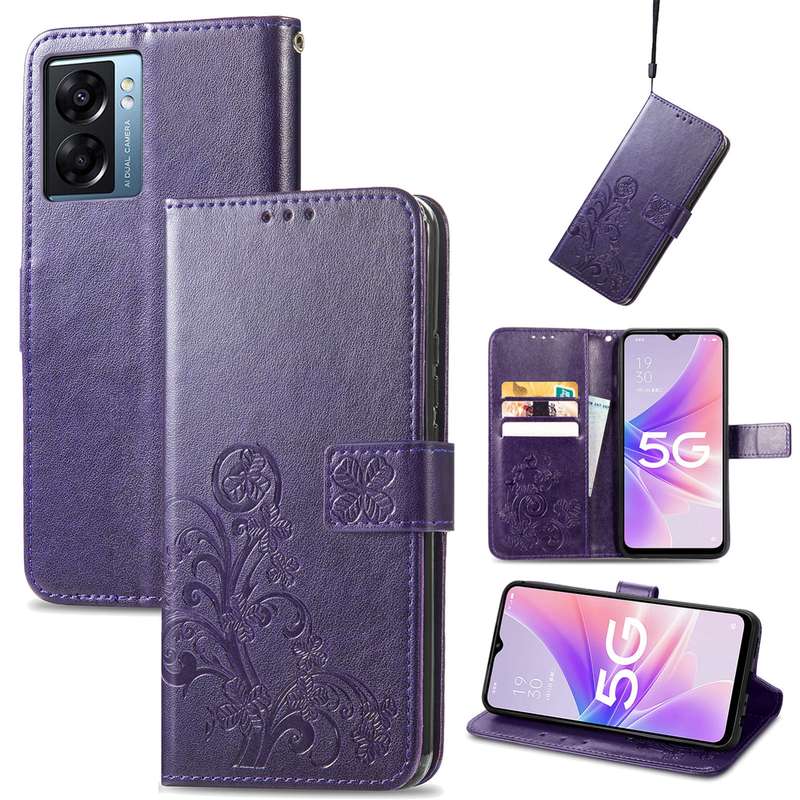 For OPPO A57 5G Four-leaf Clasp Embossed Buckle Leather Phone Case(Rose Red)