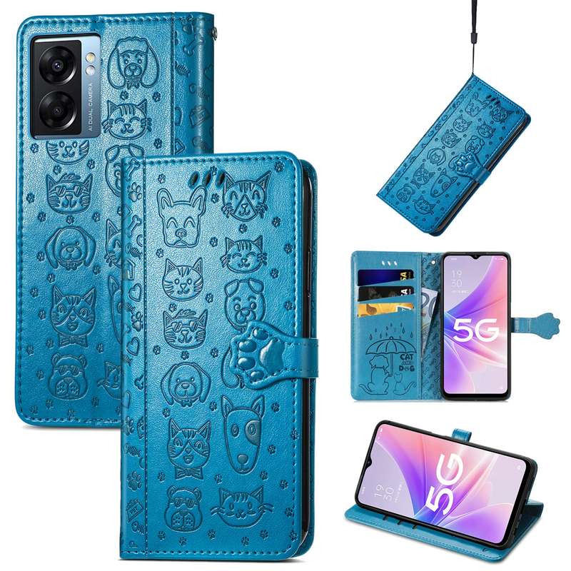 For OPPO A57 5G Cute Cat and Dog Embossed Horizontal Flip Leather Case(Purple)
