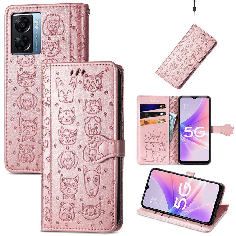 For OPPO A57 5G Cute Cat and Dog Embossed Horizontal Flip Leather Case(Purple)