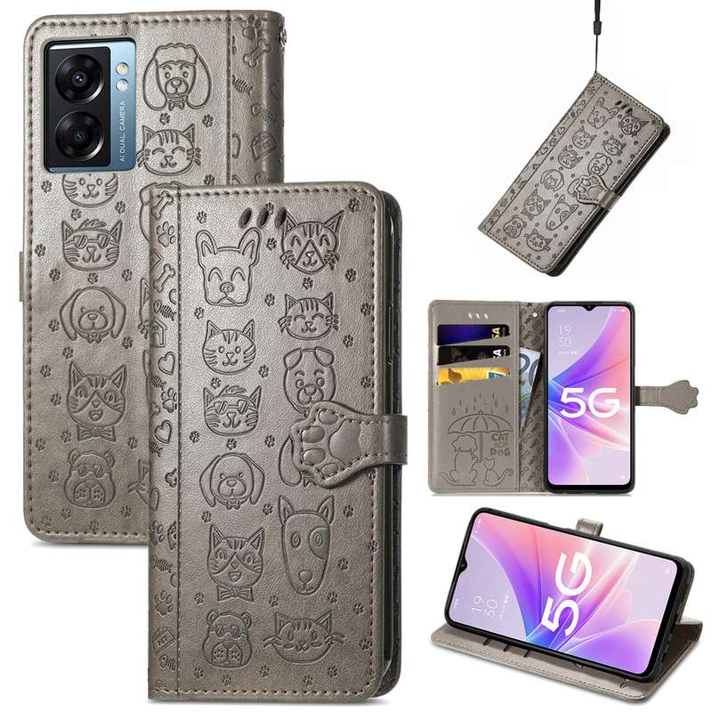 For OPPO A57 5G Cute Cat and Dog Embossed Horizontal Flip Leather Case(Purple)