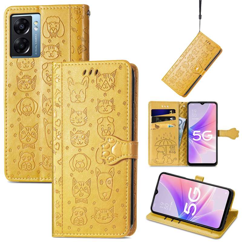 For OPPO A57 5G Cute Cat and Dog Embossed Horizontal Flip Leather Case(Purple)