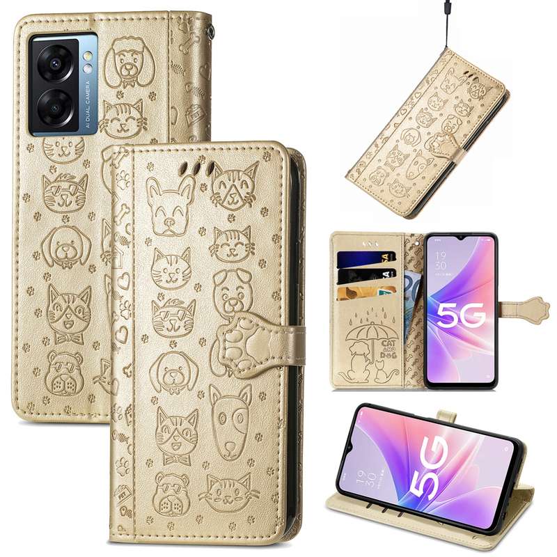 For OPPO A57 5G Cute Cat and Dog Embossed Horizontal Flip Leather Case(Purple)