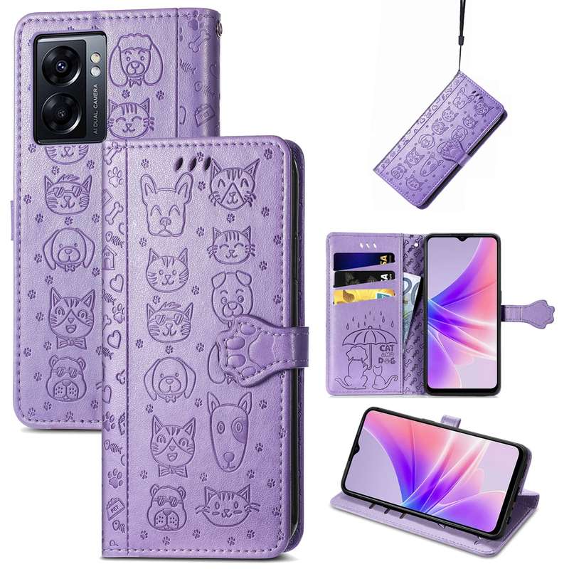 For OPPO A77 Cute Cat and Dog Embossed Horizontal Flip Leather Case(Pink)