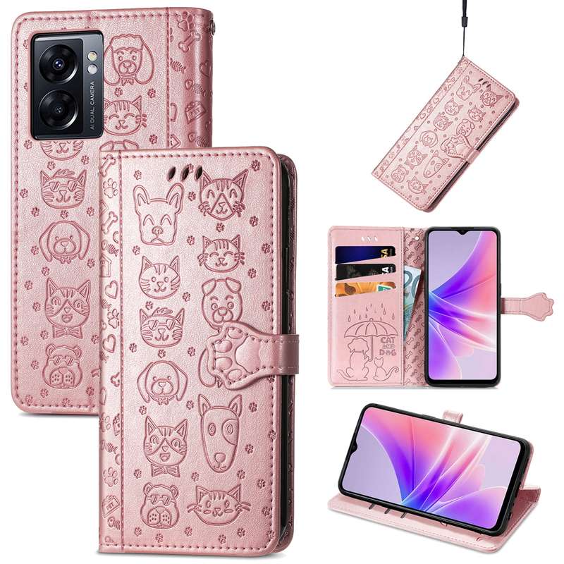 For OPPO A77 Cute Cat and Dog Embossed Horizontal Flip Leather Case(Pink)