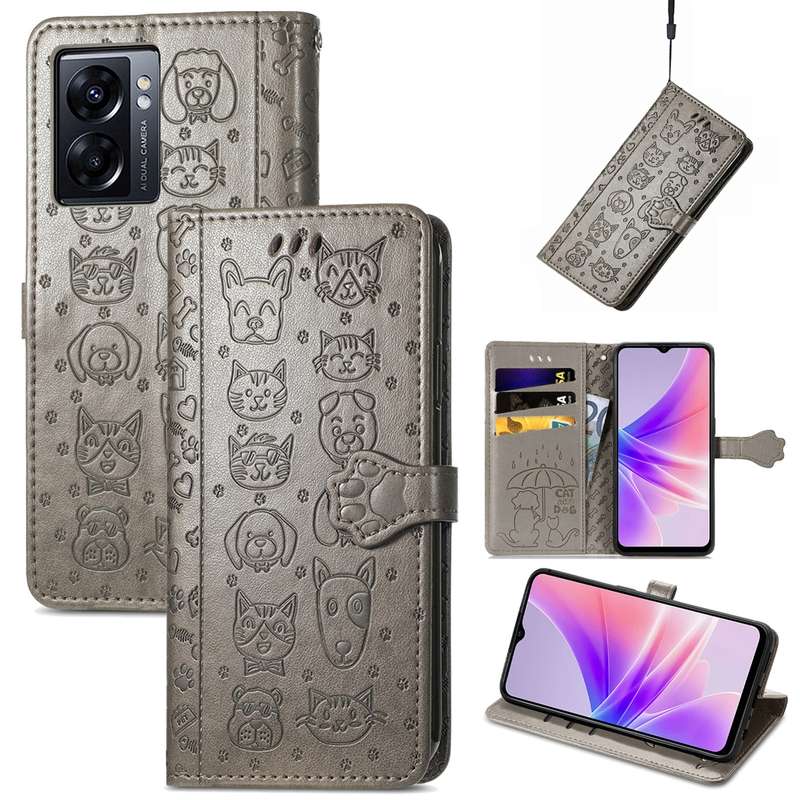 For OPPO A77 Cute Cat and Dog Embossed Horizontal Flip Leather Case(Pink)