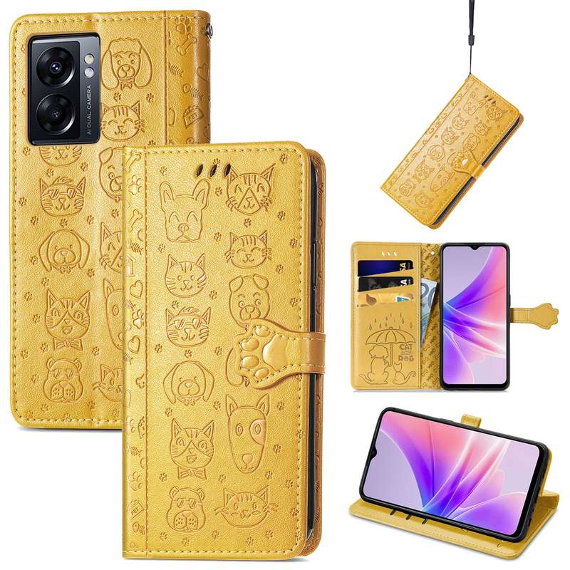 For OPPO A77 Cute Cat and Dog Embossed Horizontal Flip Leather Case(Pink)