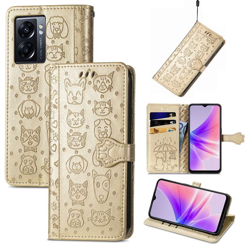 For OPPO A77 Cute Cat and Dog Embossed Horizontal Flip Leather Case(Pink)