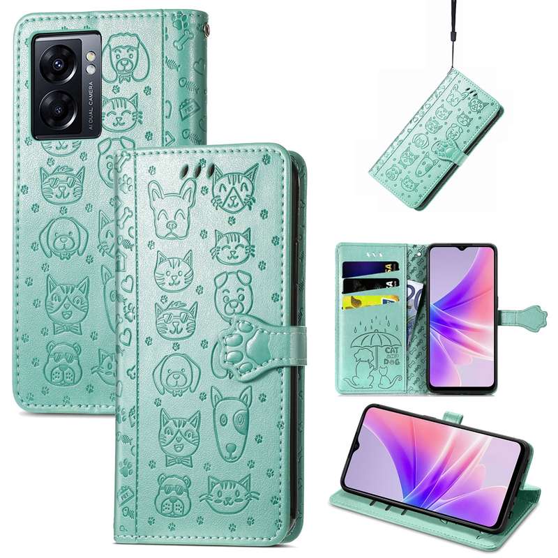 For OPPO A77 Cute Cat and Dog Embossed Horizontal Flip Leather Case(Pink)