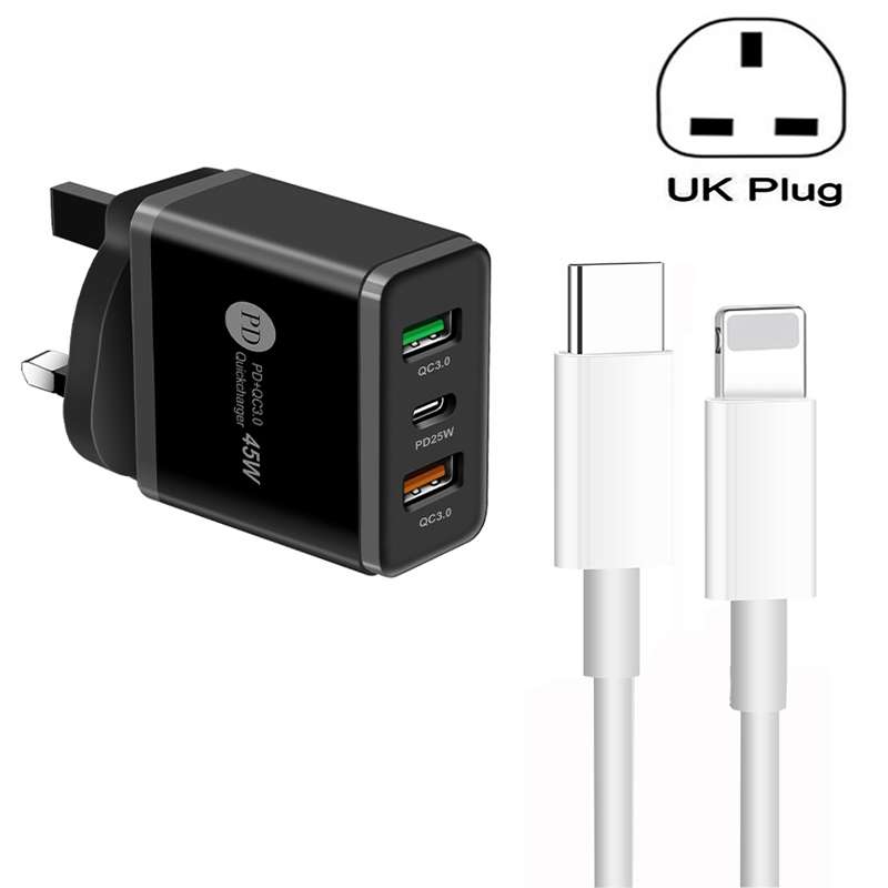 45W PD3.0 + 2 x QC3.0 USB Multi Port Charger with Type-C to 8 Pin Cable, UK Plug(White)