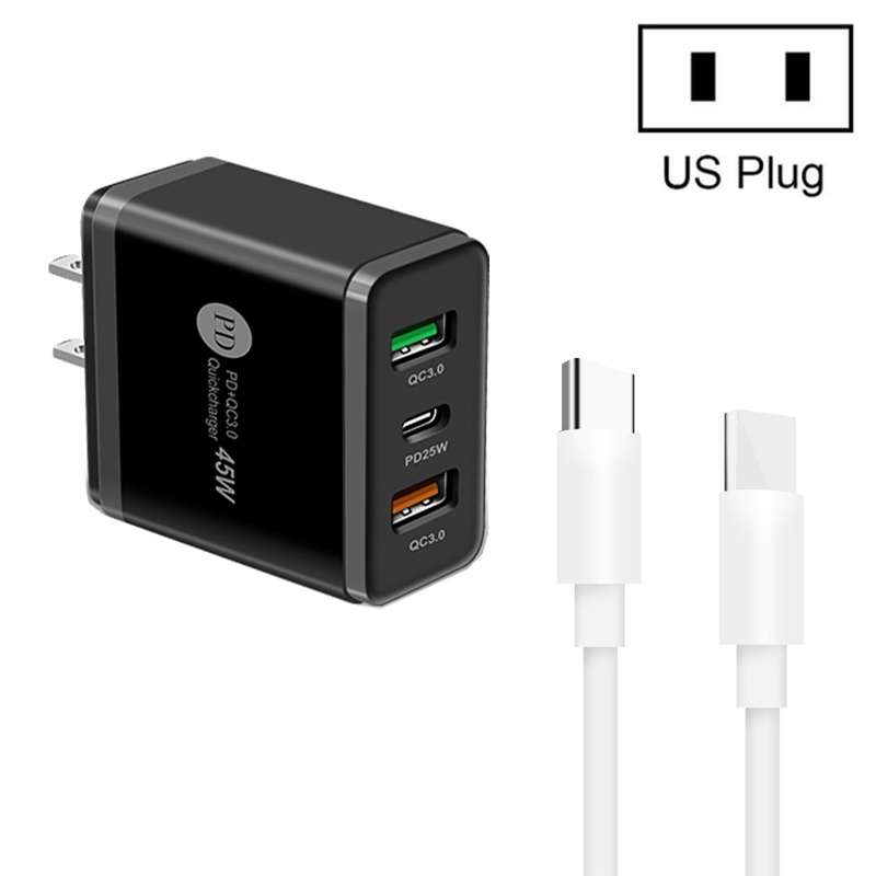 45W PD3.0 + 2 x QC3.0 USB Multi Port Charger with Type-C to Type-C Cable, US Plug(White)