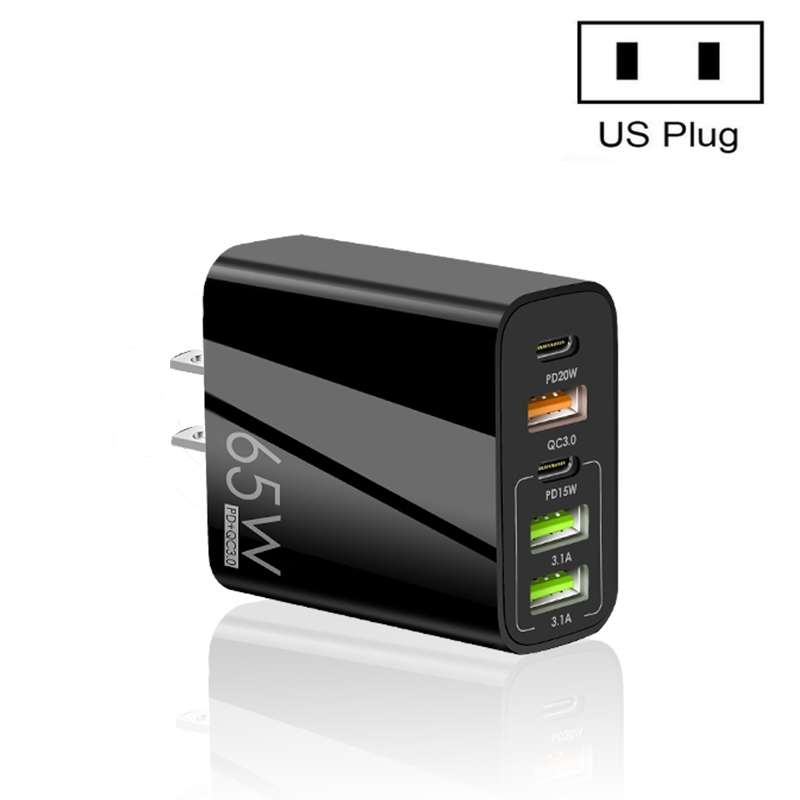 65W Dual PD Type-C + 3 x USB Multi Port Charger for Phone and Tablet PC, US Plug(White)