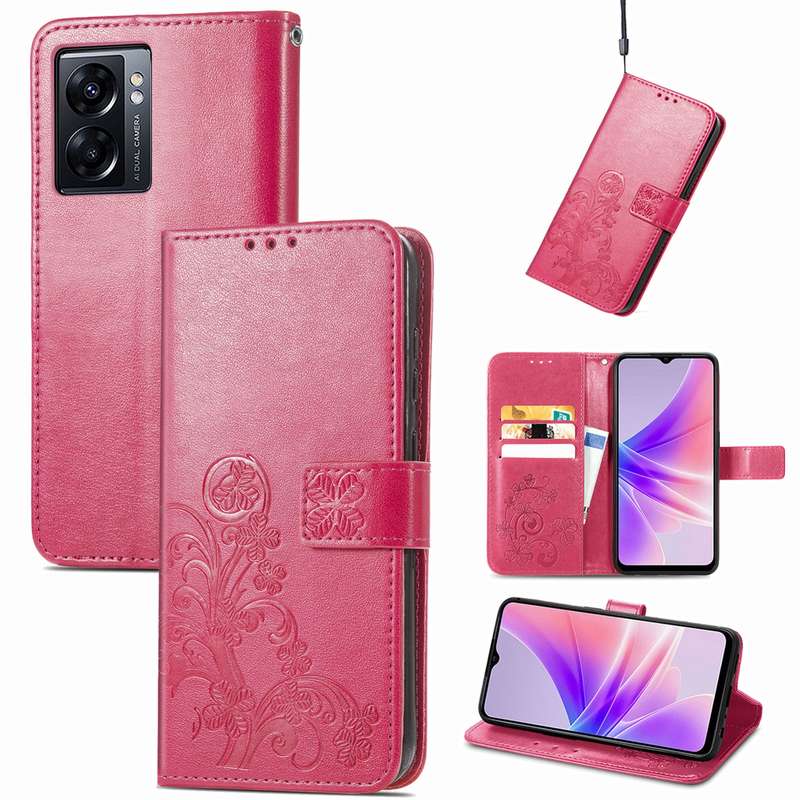 For OPPO A77 Four-leaf Clasp Embossed Buckle Leather Phone Case(Rose Gold)