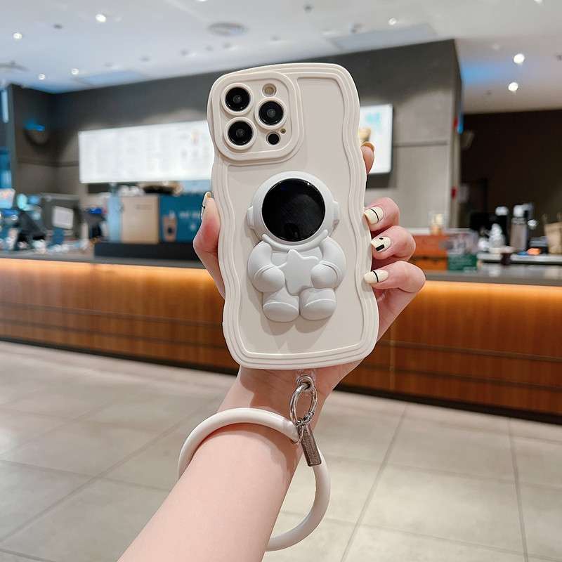 For iPhone 11 3D Astronaut Holder Skin-feel Silicone Phone Case with Wristband(Rose Red)