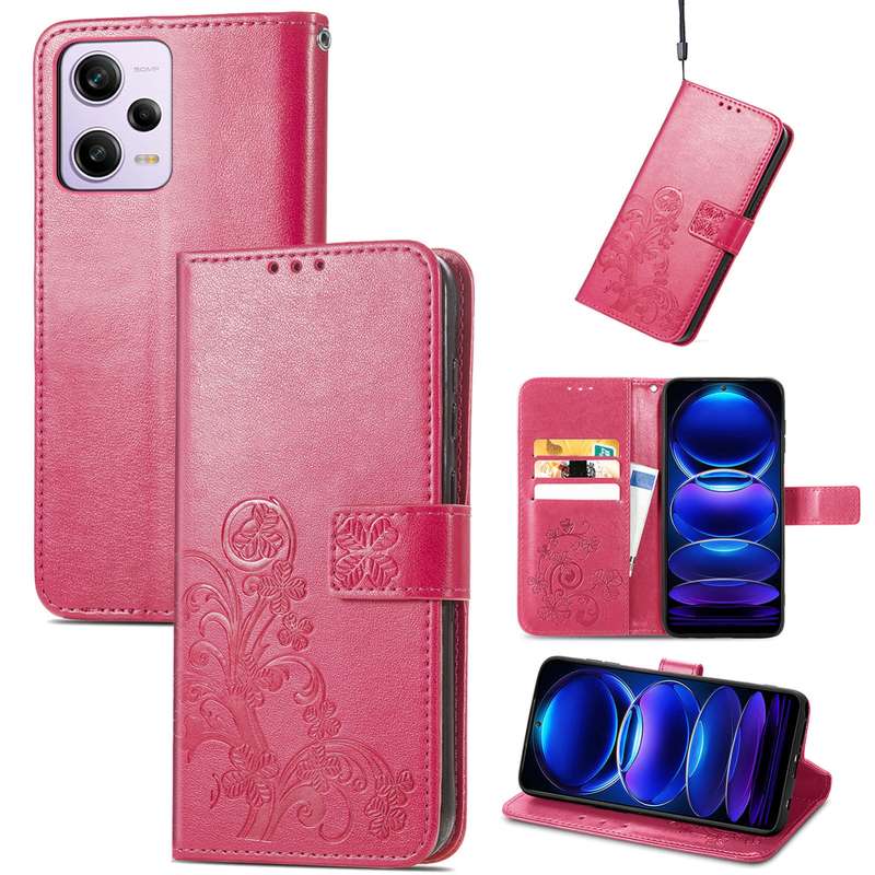 For Xiaomi Redmi Note 12 Pro+ China Four-leaf Clasp Embossed Buckle Leather Phone Case(Rose Gold)