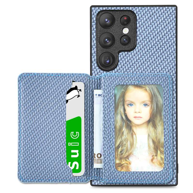 For Samsung Galaxy S22 Ultra 5G Carbon Fiber Magnetic Card Wallet Bag Phone Case(Black)