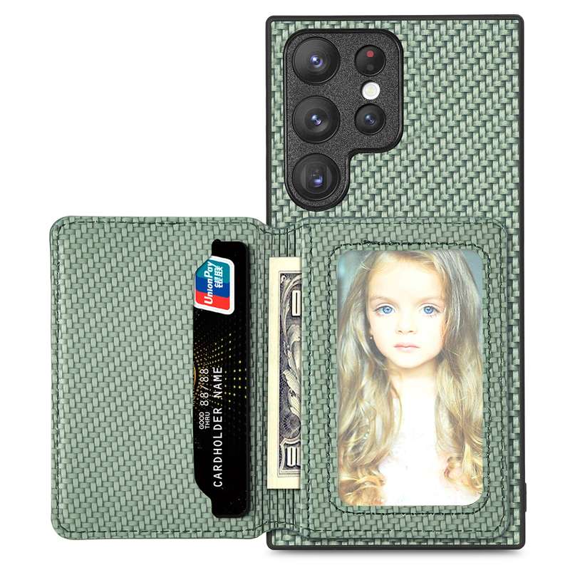 For Samsung Galaxy S22 Ultra 5G Carbon Fiber Magnetic Card Wallet Bag Phone Case(Black)