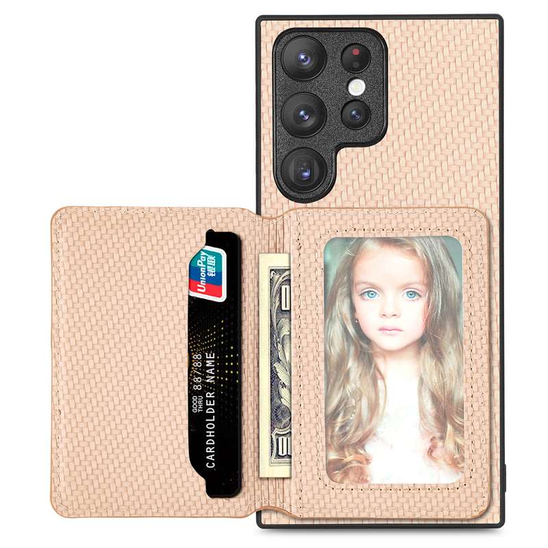 For Samsung Galaxy S22 Ultra 5G Carbon Fiber Magnetic Card Wallet Bag Phone Case(Black)