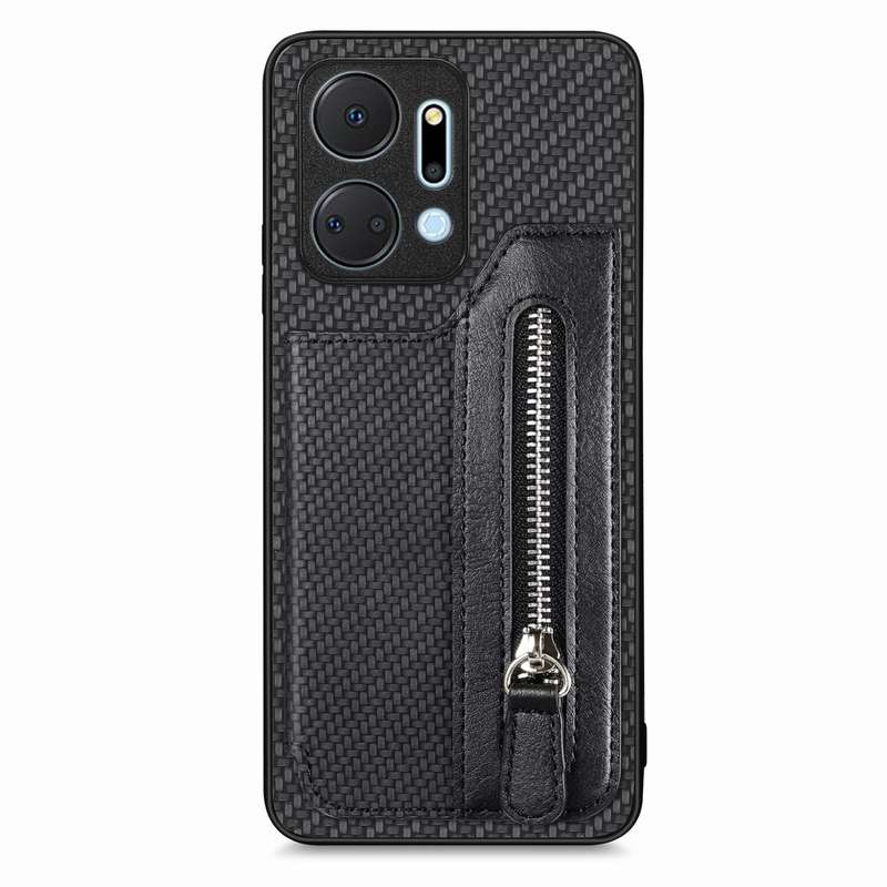 For Honor X7A Carbon Fiber Horizontal Flip Zipper Wallet Phone Case(Khaki)