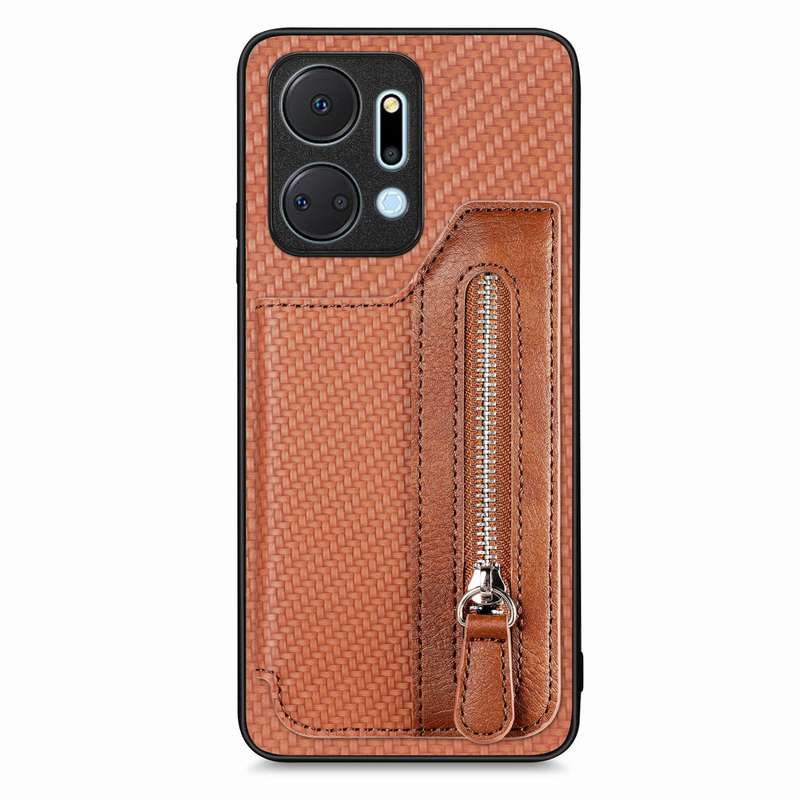 For Honor X7A Carbon Fiber Horizontal Flip Zipper Wallet Phone Case(Khaki)