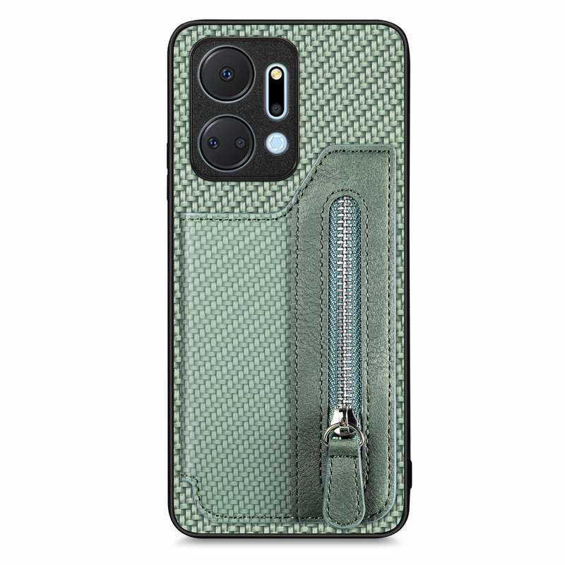 For Honor X7A Carbon Fiber Horizontal Flip Zipper Wallet Phone Case(Khaki)