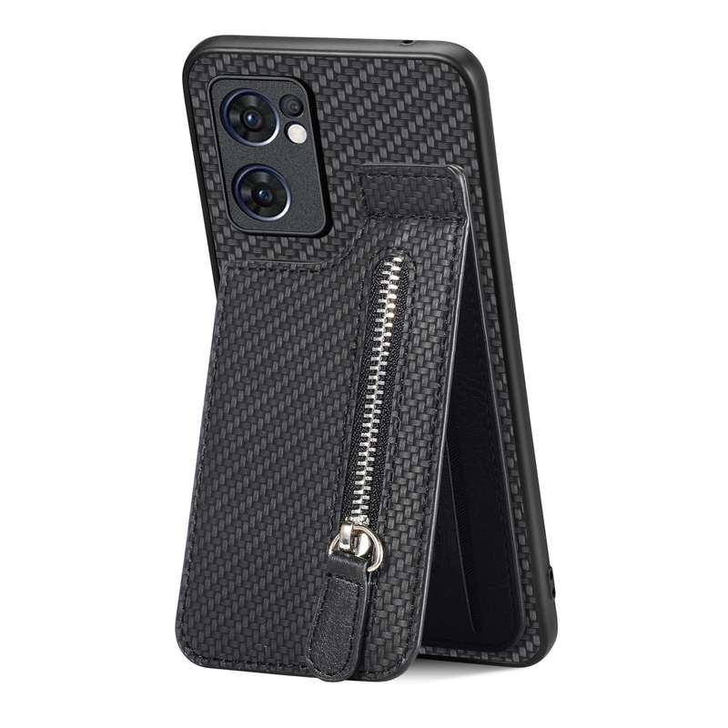 For OPPO Reno7 5G Carbon Fiber Vertical Flip Zipper Phone Case(Brown)