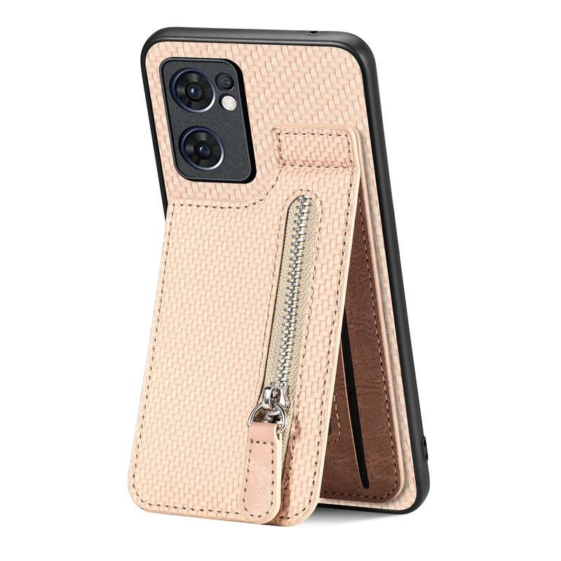 For OPPO Reno7 5G Carbon Fiber Vertical Flip Zipper Phone Case(Brown)