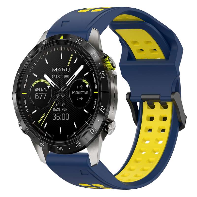 For Garmin MARQ Athlete (Gen 2) Two Color Reverse Buckle 22mm Silicone Watch Band(Black+Yellow)