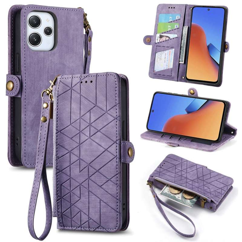 For Xiaomi Redmi 12 Geometric Zipper Wallet Side Buckle Leather Phone Case(Black)