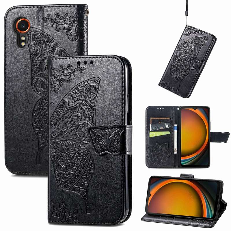 For Samsung Galaxy Xcover 7 Butterfly Love Flower Embossed Leather Phone Case(Black)