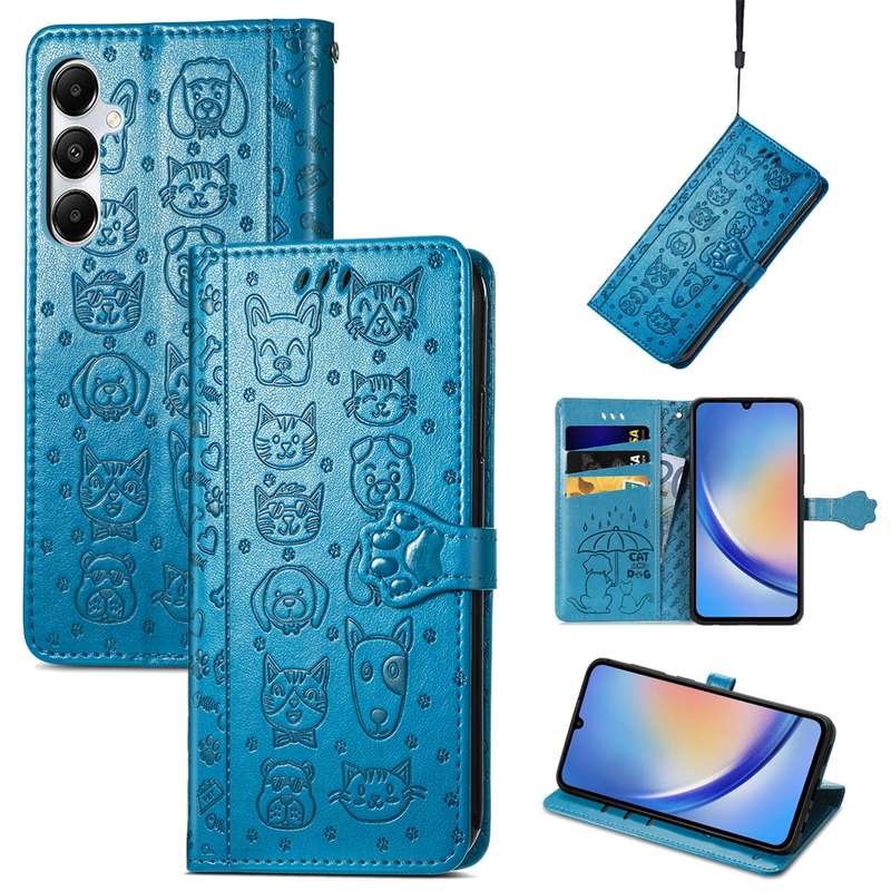 For Samsung Galaxy A35 5G Cat and Dog Embossed Leather Phone Case(Blue)