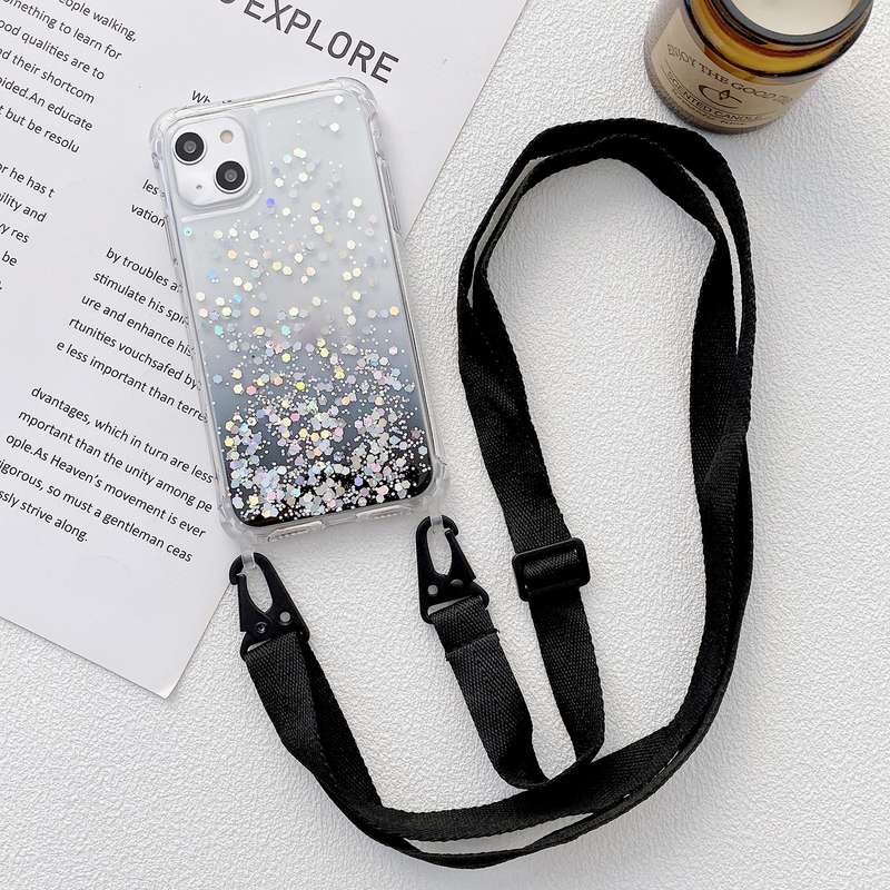 For iPhone 15 Gradient Glitter Epoxy TPU Thickened Acrylic Phone Case with Wide Lanyard(Purple)