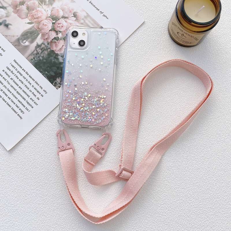 For iPhone 15 Gradient Glitter Epoxy TPU Thickened Acrylic Phone Case with Wide Lanyard(Purple)