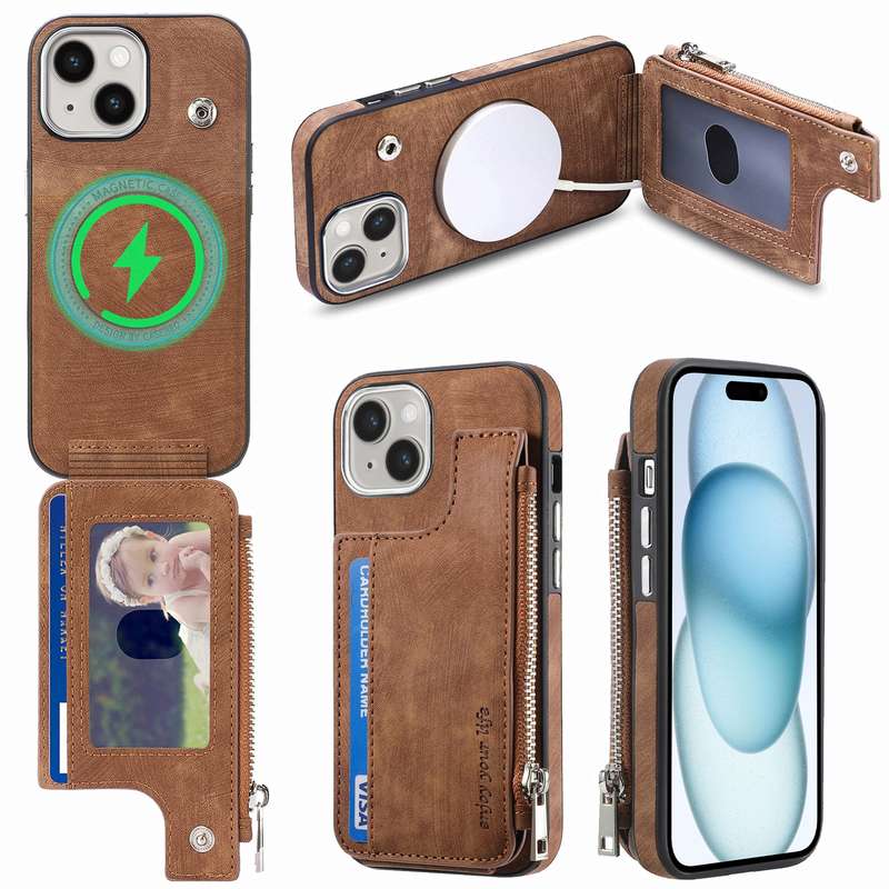 For iPhone 15 Magsafe Zipper RFID Wallet All-inclusive Shockrpoof Phone Case(Brown)