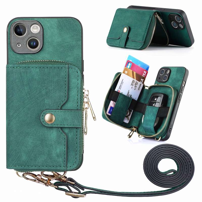 For iPhone 15 Crossbody Multi-function Zipper Wallet Phone Case(Black)