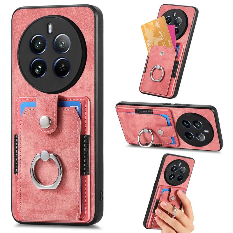 For Realme 12 Pro Retro Skin-feel Ring Card Wallet Phone Case(Pink)