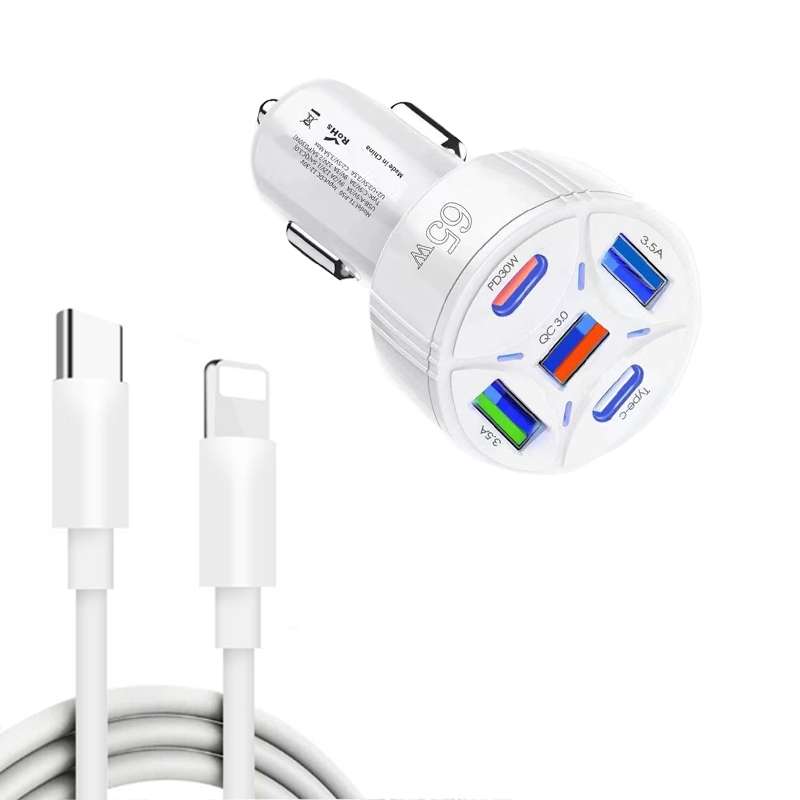 TE-P50 65W PD30W Type-C x 2 + USB x 3 Multi Port Car Charger with 1m Type-C to 8 Pin Data Cable(Whit