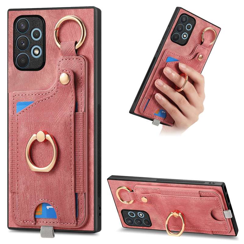 For Samsung Galaxy A73 5G Retro Skin-feel Ring Card Bag Phone Case with Hang Loop(Blue)