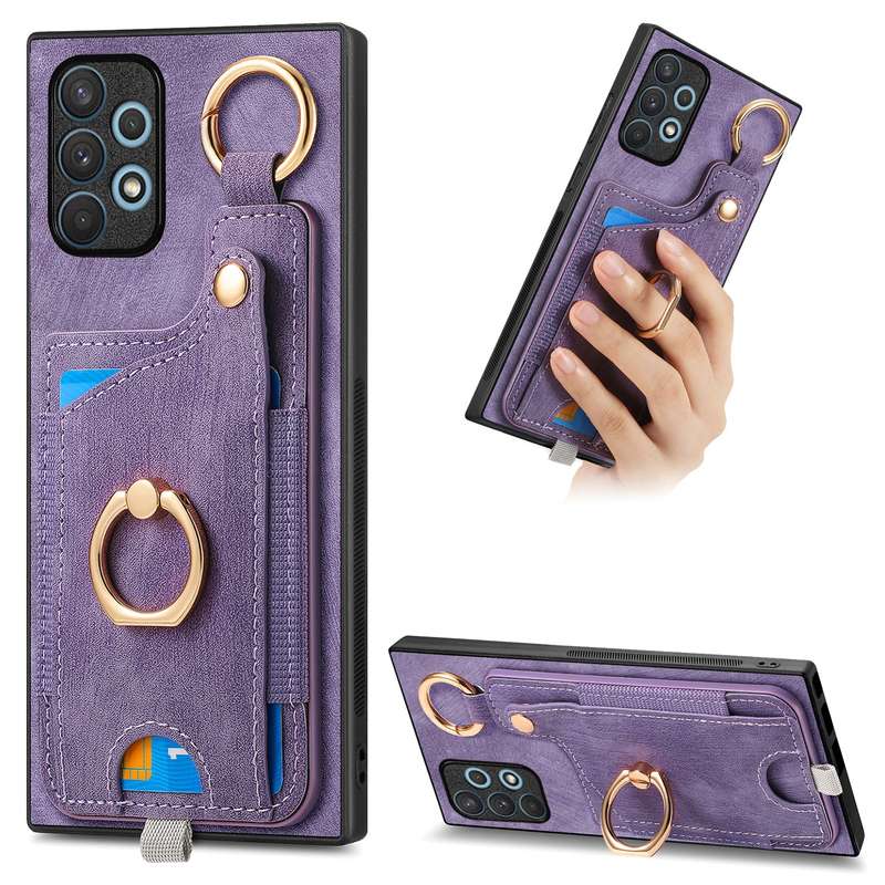 For Samsung Galaxy A73 5G Retro Skin-feel Ring Card Bag Phone Case with Hang Loop(Blue)