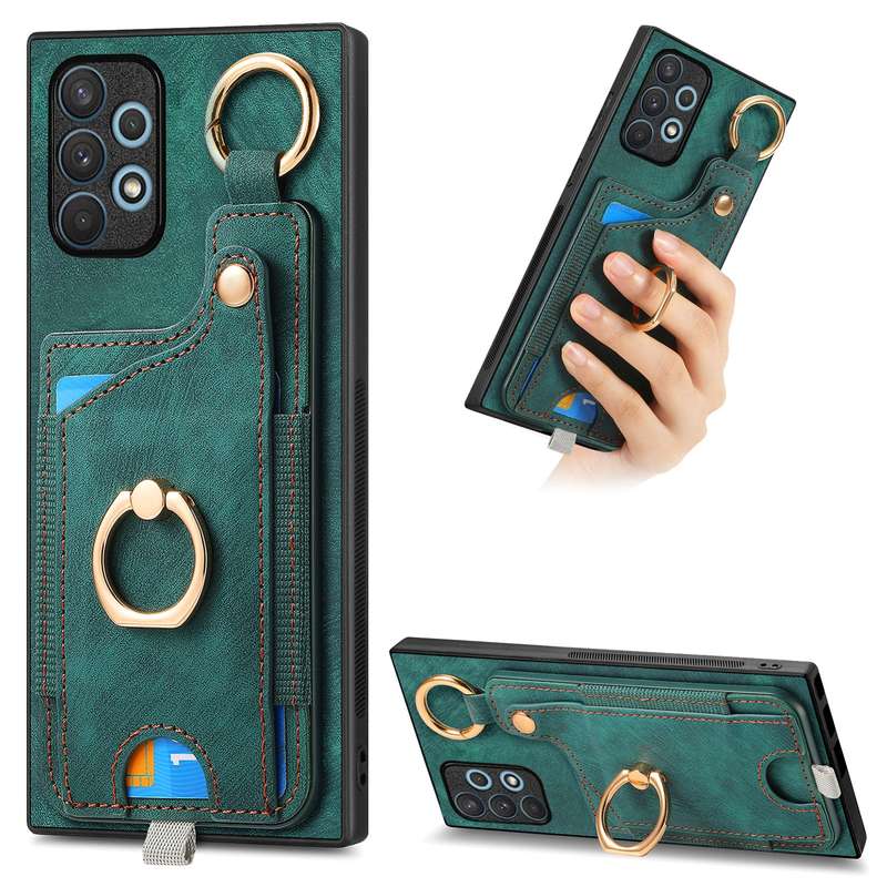 For Samsung Galaxy A73 5G Retro Skin-feel Ring Card Bag Phone Case with Hang Loop(Blue)