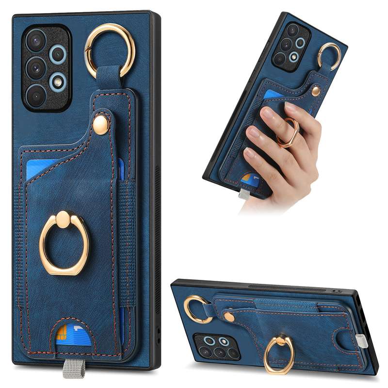 For Samsung Galaxy A73 5G Retro Skin-feel Ring Card Bag Phone Case with Hang Loop(Blue)