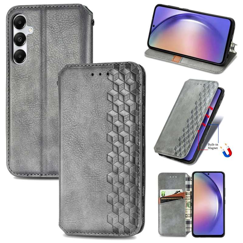For Samsung Galaxy A55 5G Cubic Grid Pressed Magnetic Leather Phone Case(Grey)