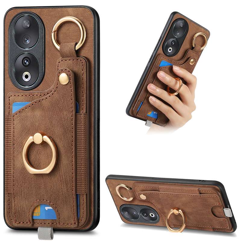 For Honor 90 Retro Skin-feel Ring Card Bag Phone Case with Hang Loop(Blue)