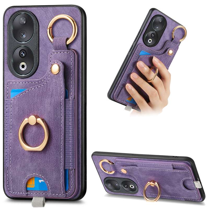 For Honor 90 Retro Skin-feel Ring Card Bag Phone Case with Hang Loop(Blue)