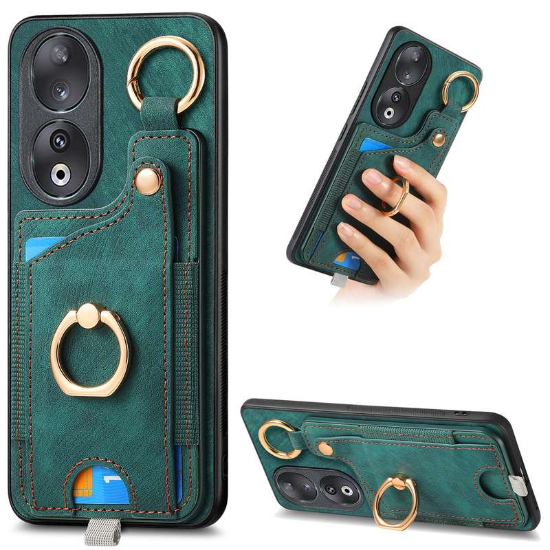 For Honor 90 Retro Skin-feel Ring Card Bag Phone Case with Hang Loop(Blue)