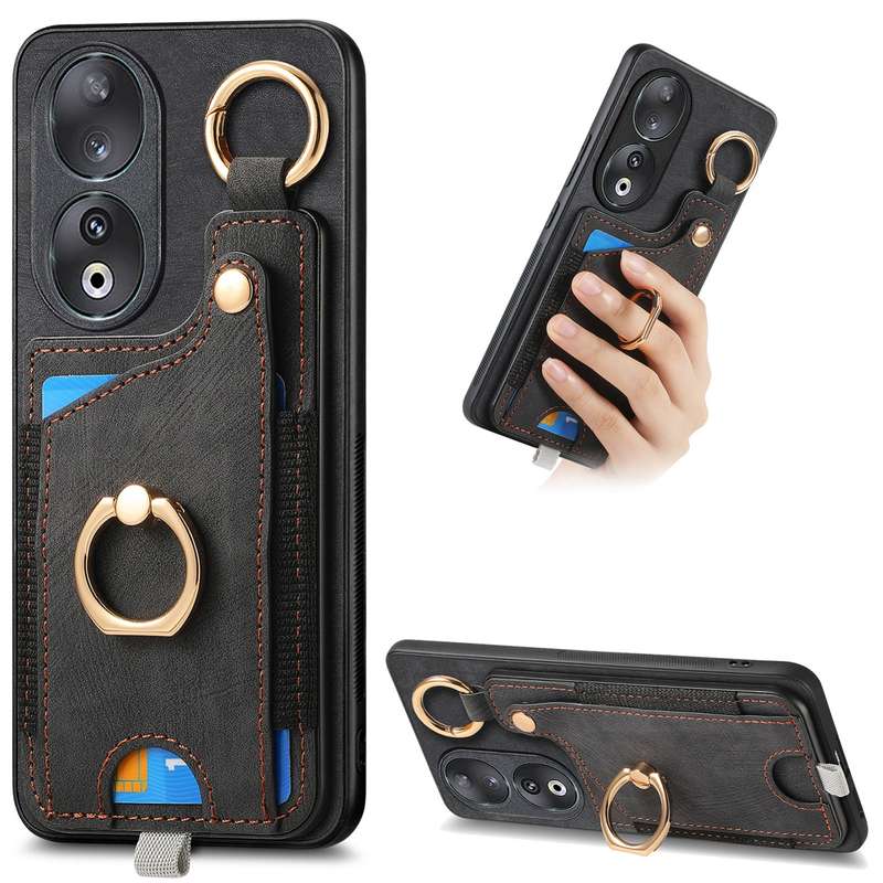 For Honor 90 Retro Skin-feel Ring Card Bag Phone Case with Hang Loop(Blue)